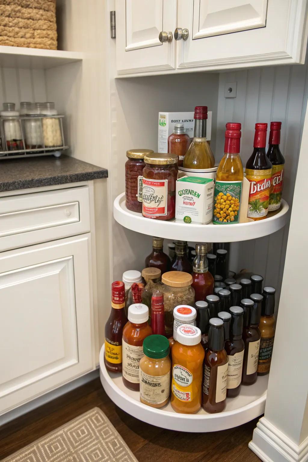 Revolving organizers enhance access and function in tight corners.