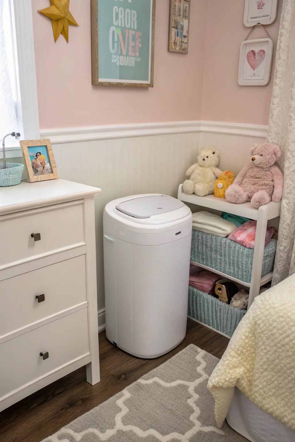 A compact diaper pail fits neatly into a small nursery corner, maximizing space efficiency.