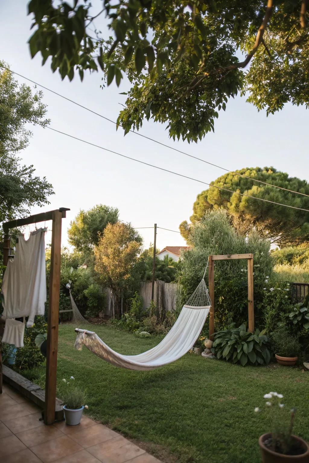 A relaxing clothesline setup featuring a hammock shade.