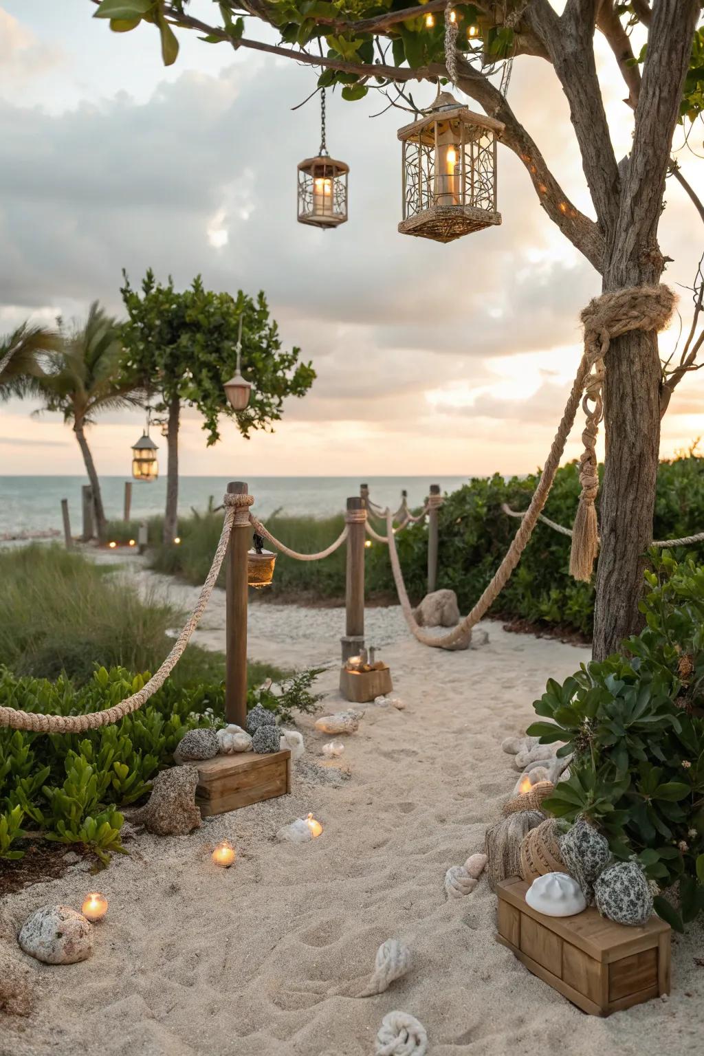 Beach-inspired decor, such as ropes and lights, evokes a seaside escape.