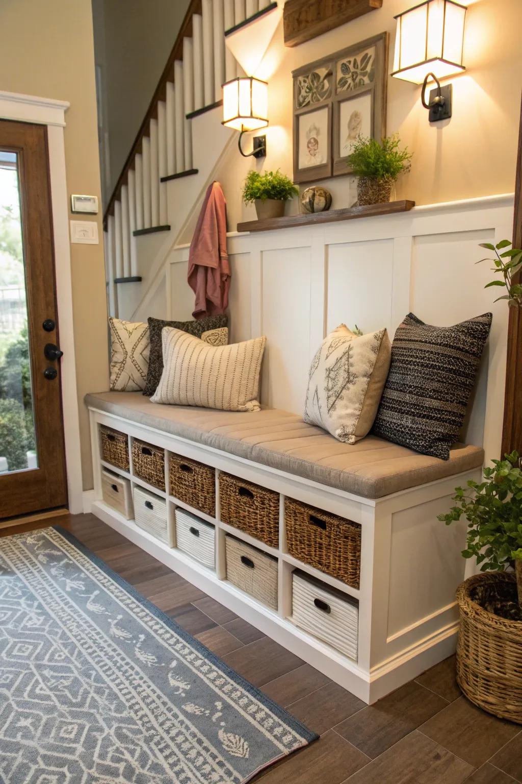 A seat with stowing that blends style and function.