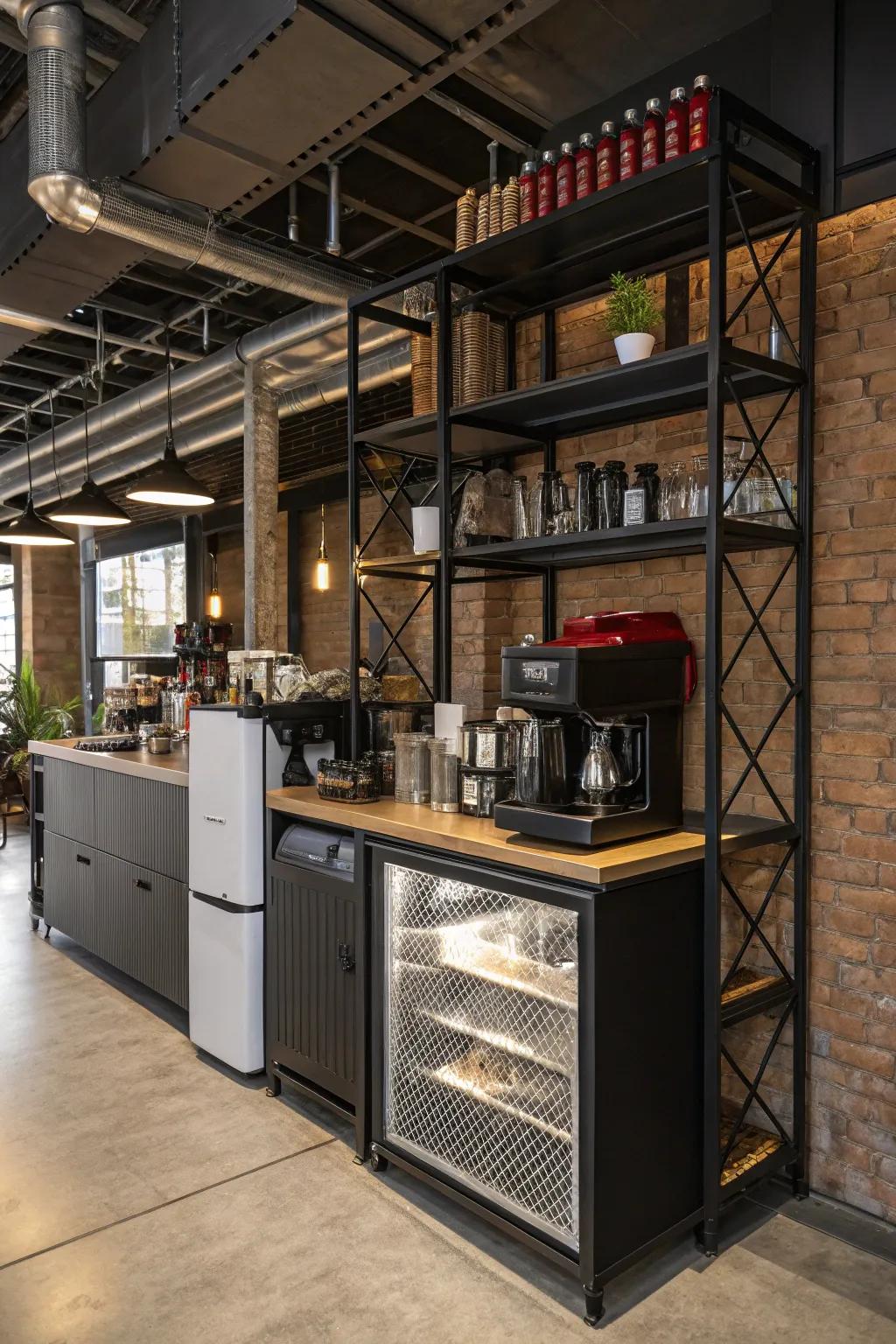 Modern coffee bar arrangement with industrial elements.