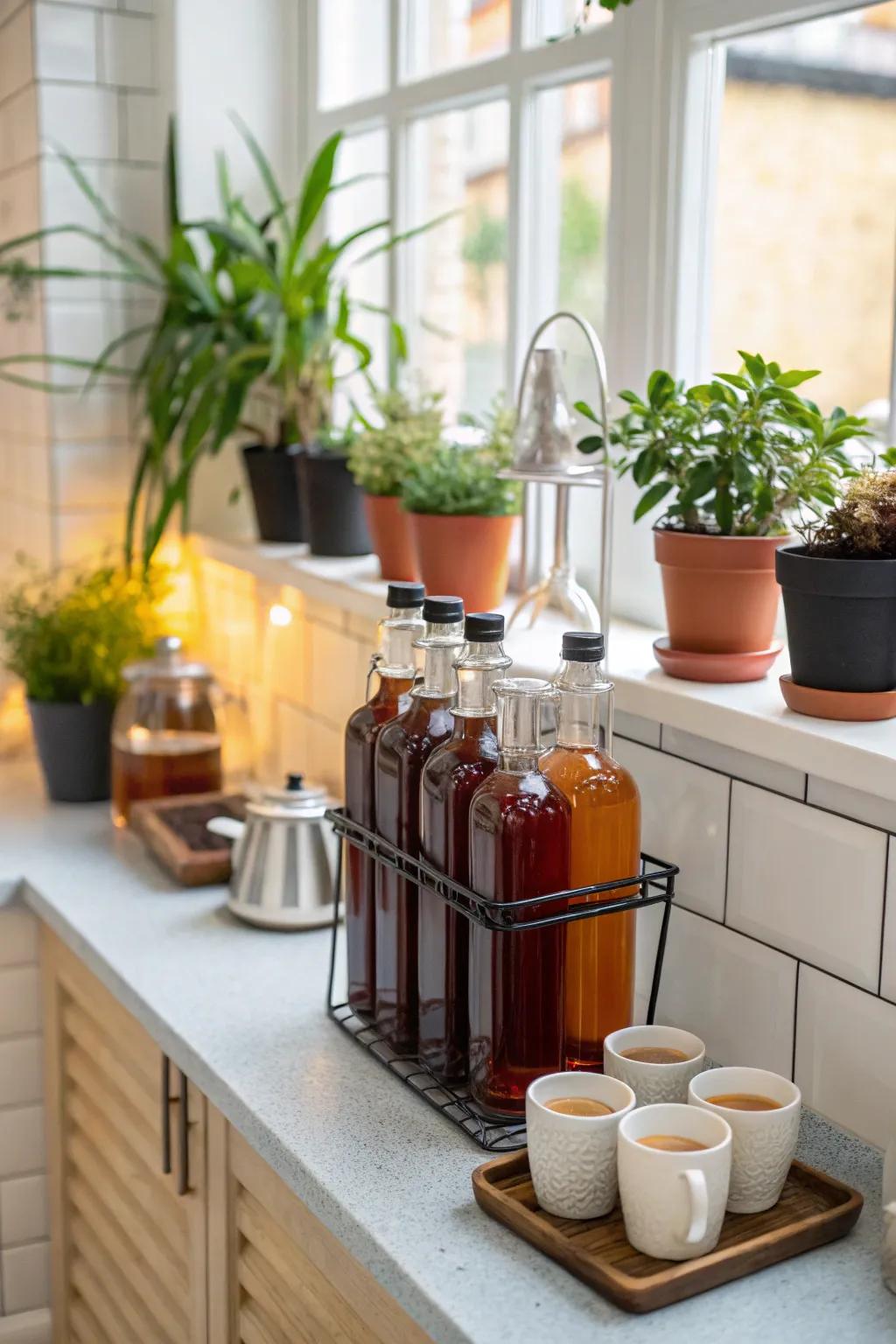 Small greenery adds a natural look to your coffee flavoring stand.