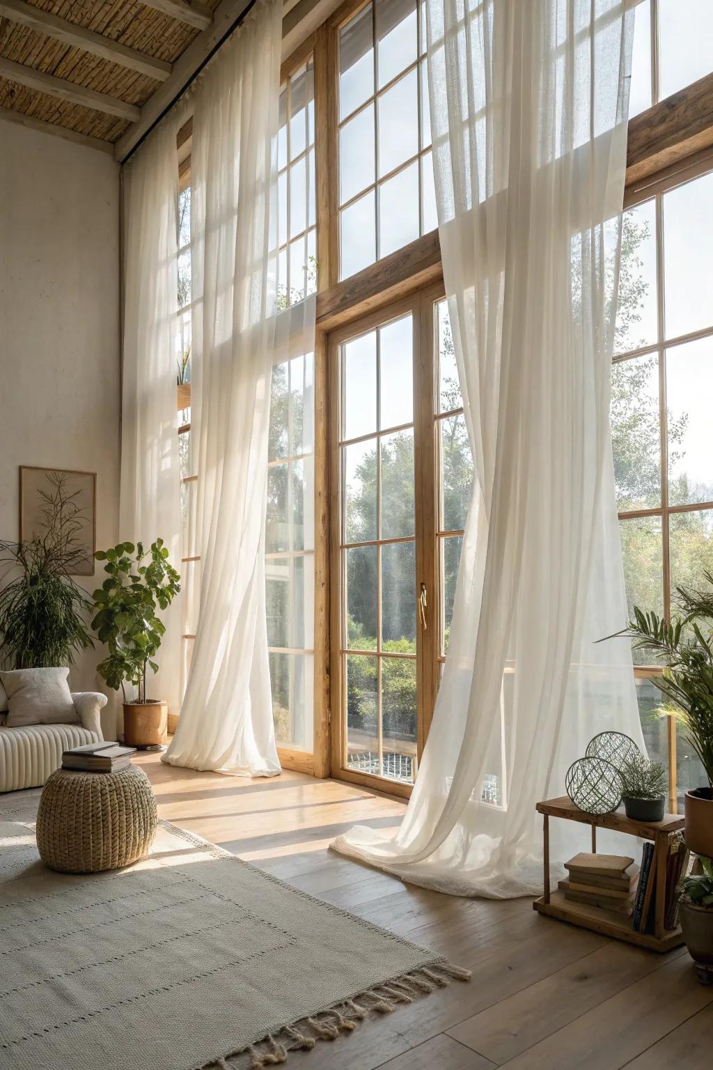 A bright and airy room with large windows and light curtains.