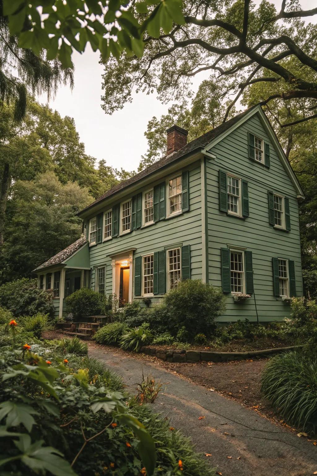 A colonial house blending seamlessly with nature through a soft green color scheme.