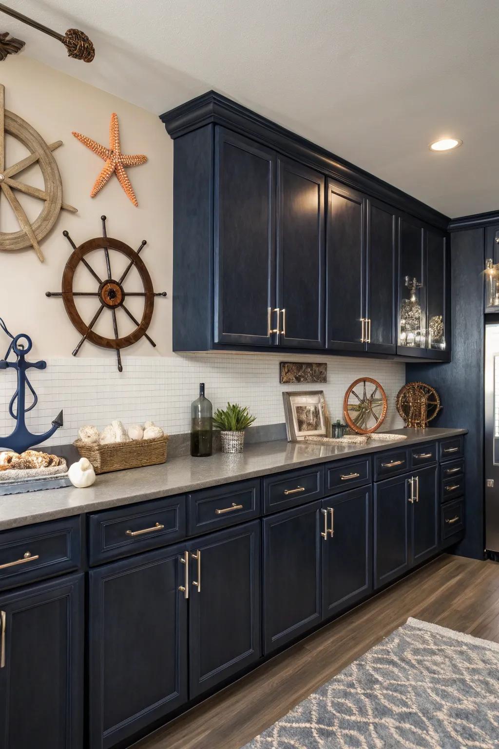 A kitchen that showcases dark cabinets with navy blue details for a sophisticated nautical theme.