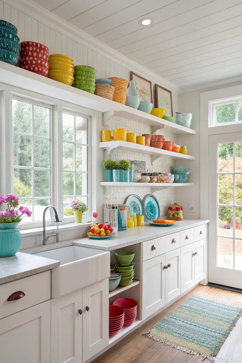 Exposed storage with vivid tableware introduces adaptability and allure.