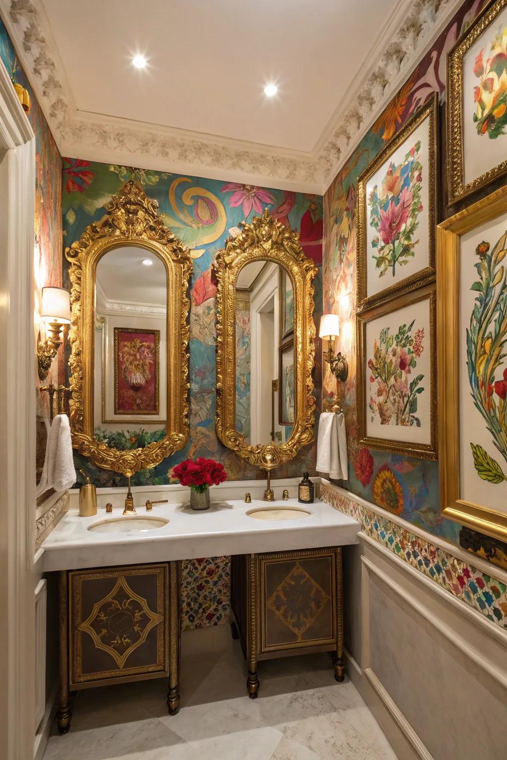 Ornate mirrors and colorful artwork add elegance to this guest bathroom.