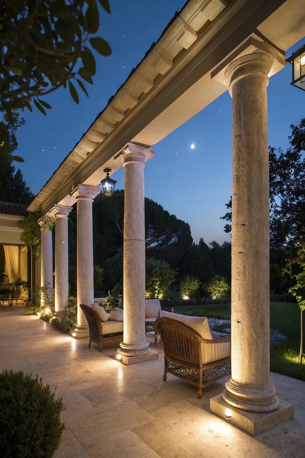 Glowing columns casting a cozy light on a refined outdoor patio.