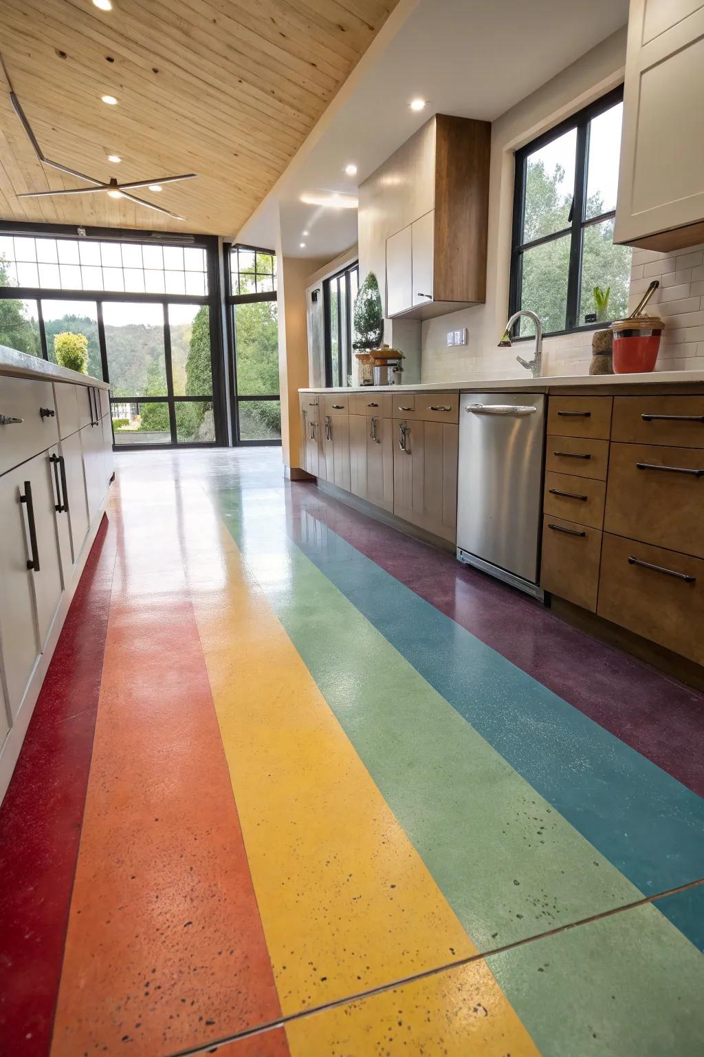 Vibrant stained concrete floors add character to a modern kitchen.