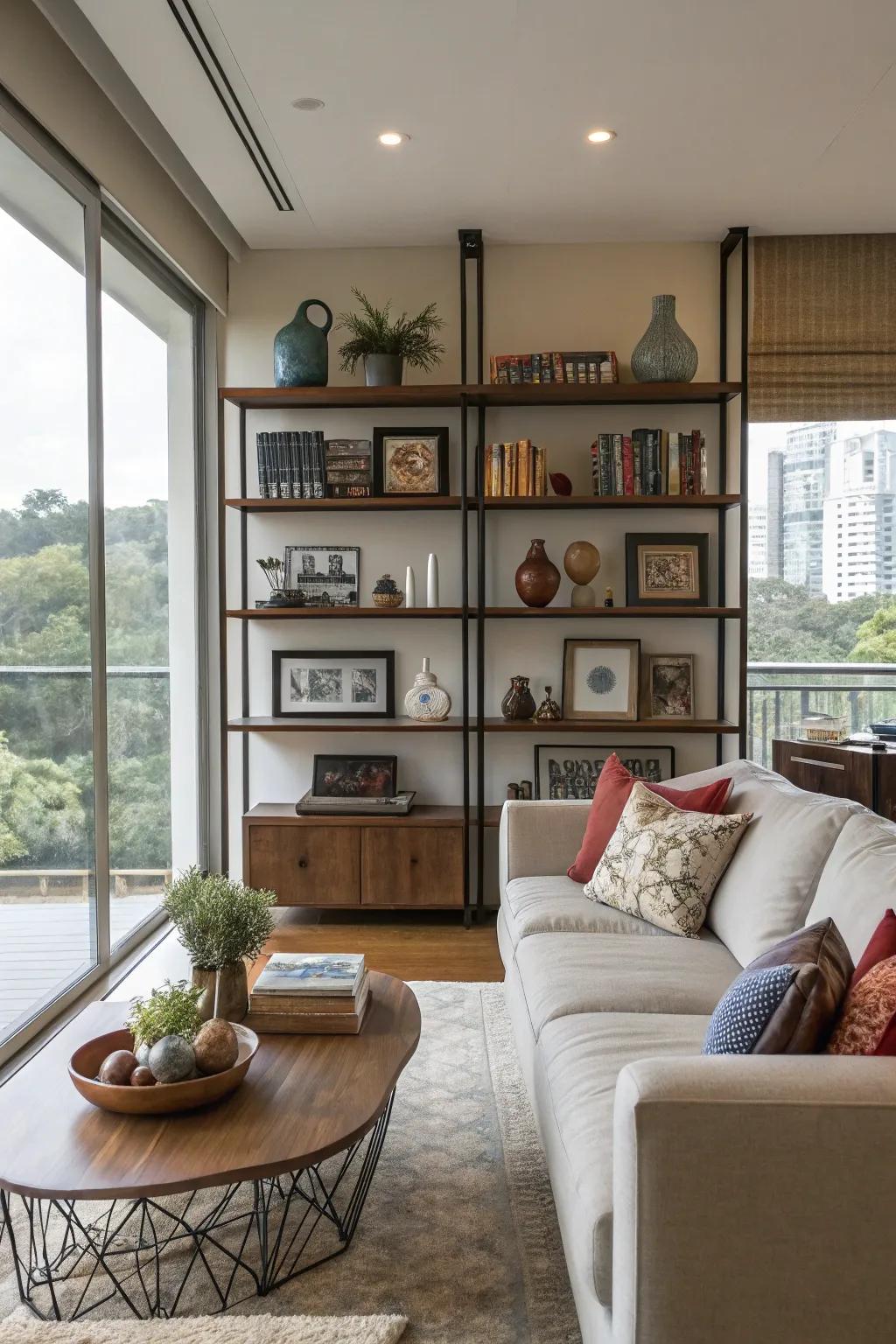 Using vertical storage to maximize space in a condo living room.