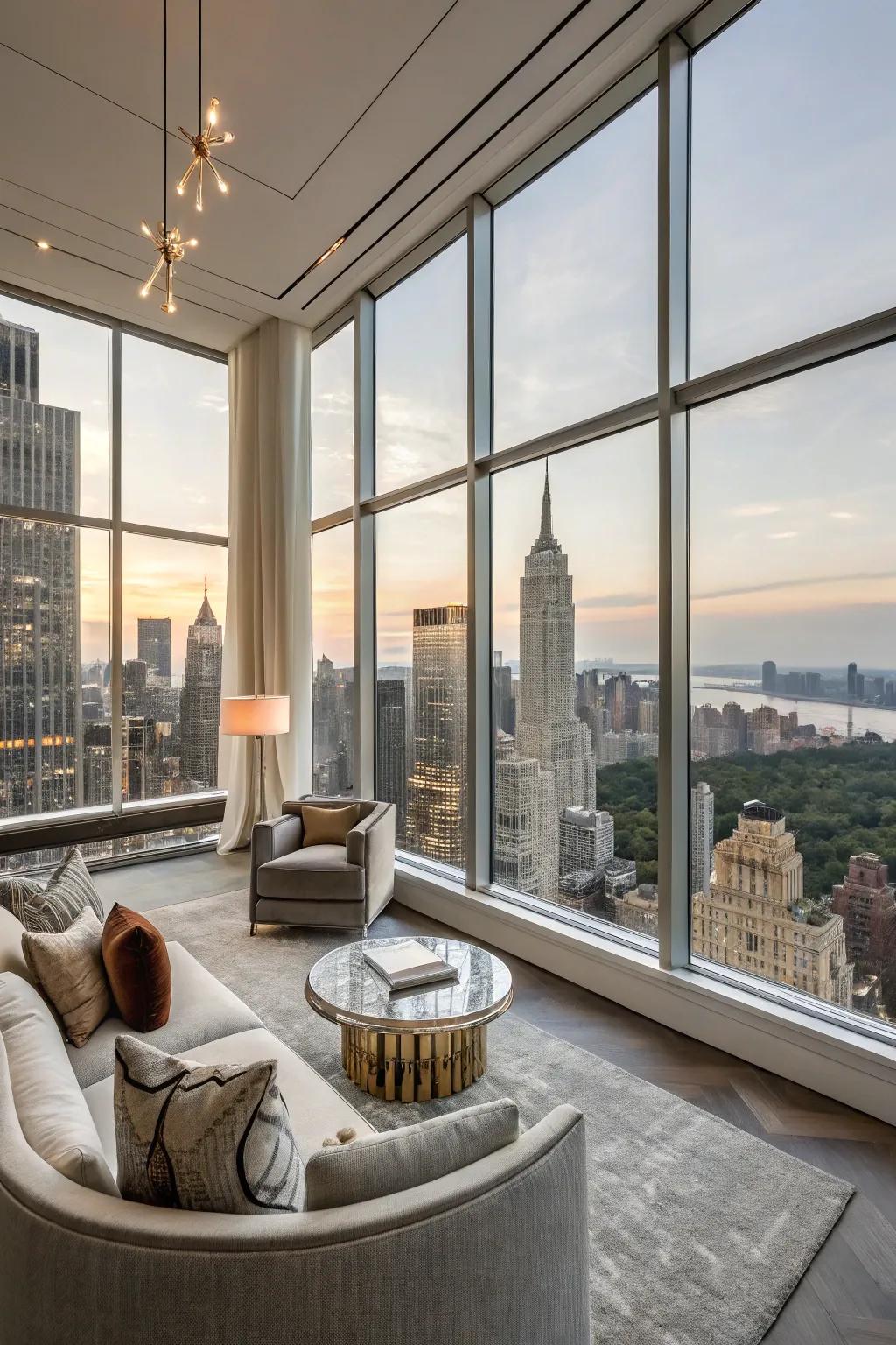 An upscale condo featuring a seating area oriented toward expansive windows that frame cityscape vistas.