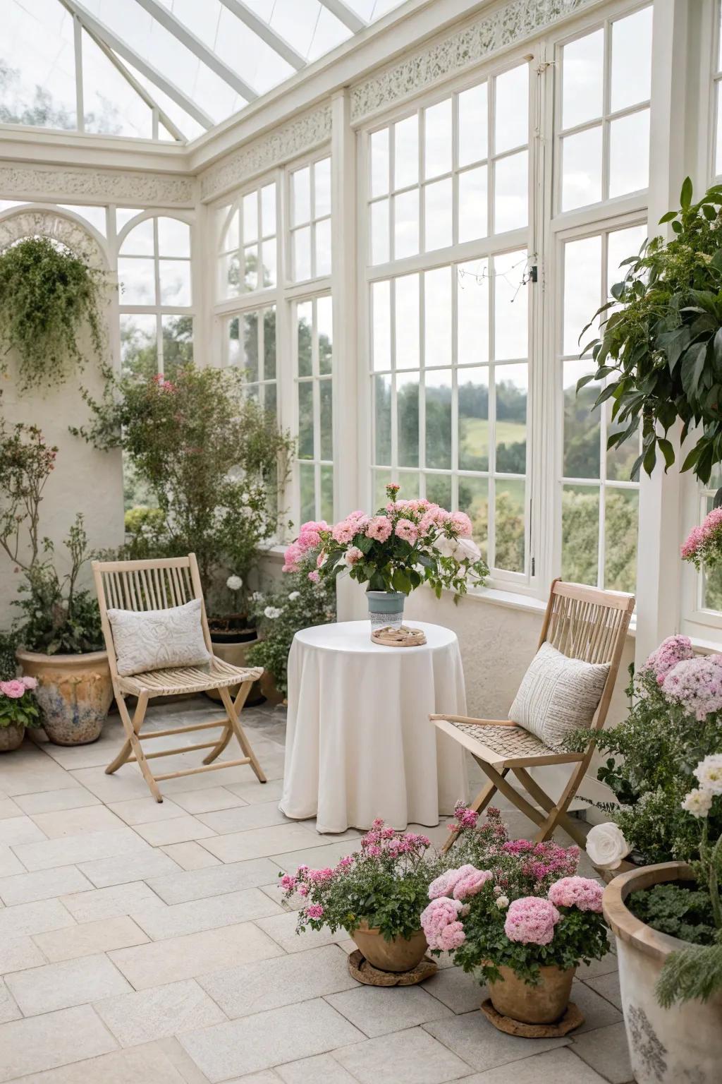 A peaceful conservatory adorned in gentle, neutral shades.