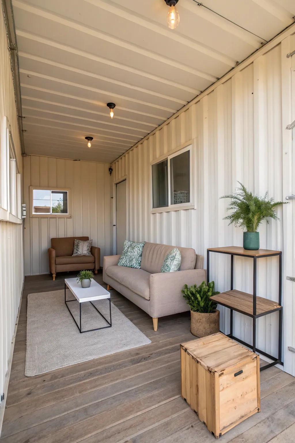 A container home demonstrating a minimalist and elegant interior.