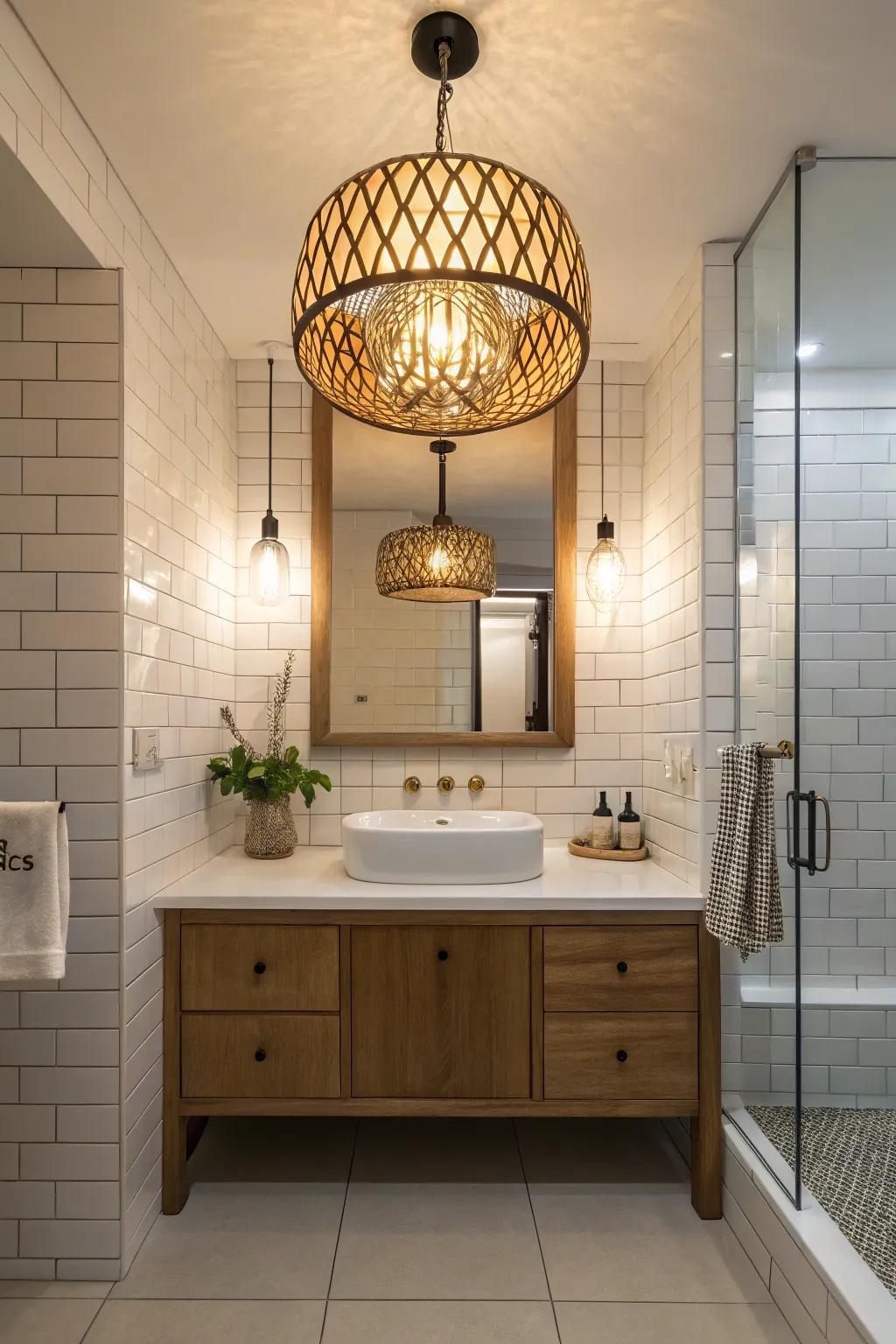 Bathroom with a striking focal lighting fixture.