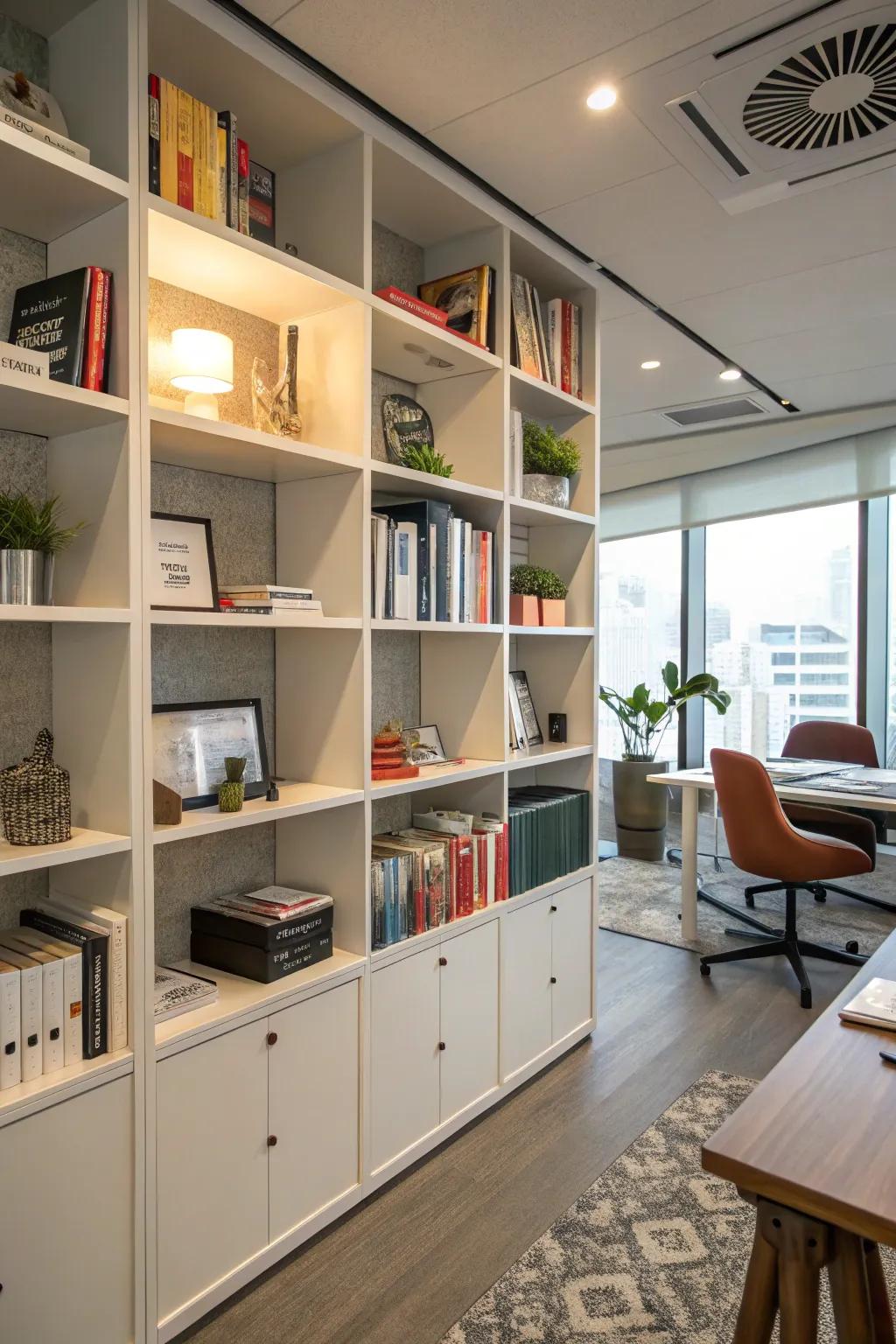 Open shelving blending aesthetic appeal with practical use.