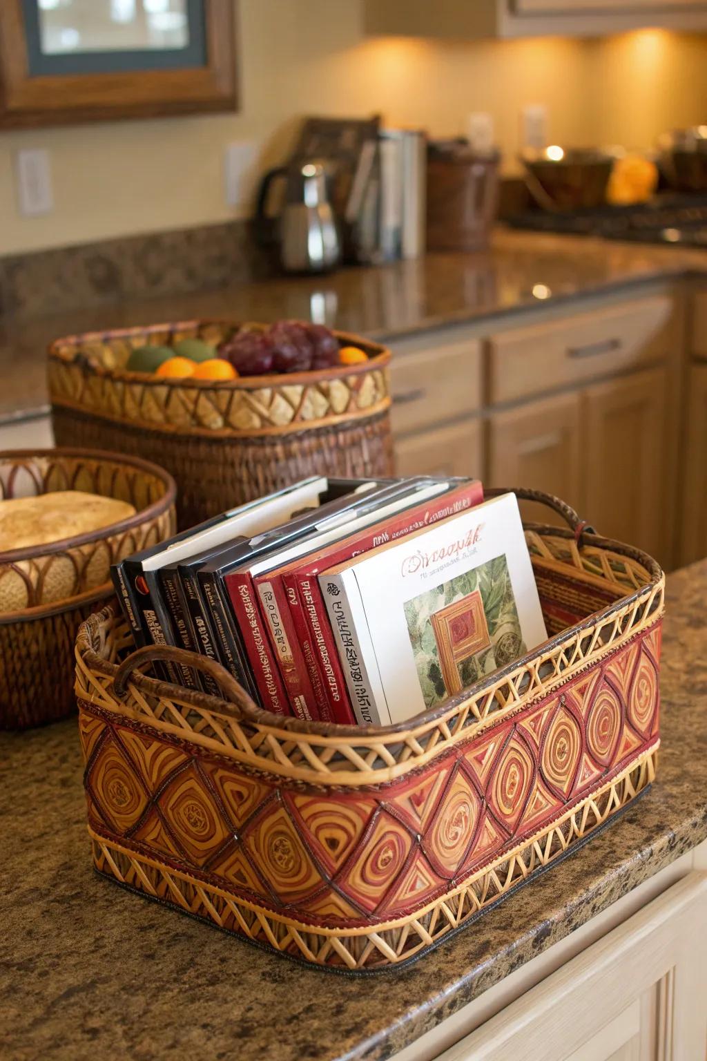 Baskets on the countertop provide both function and style.
