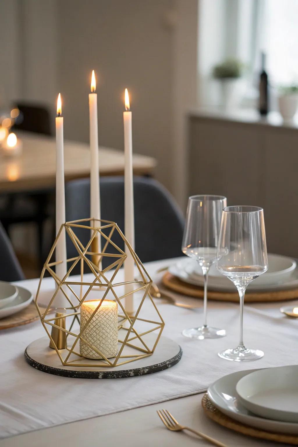 Geometric candle designs introduce a modern flair.