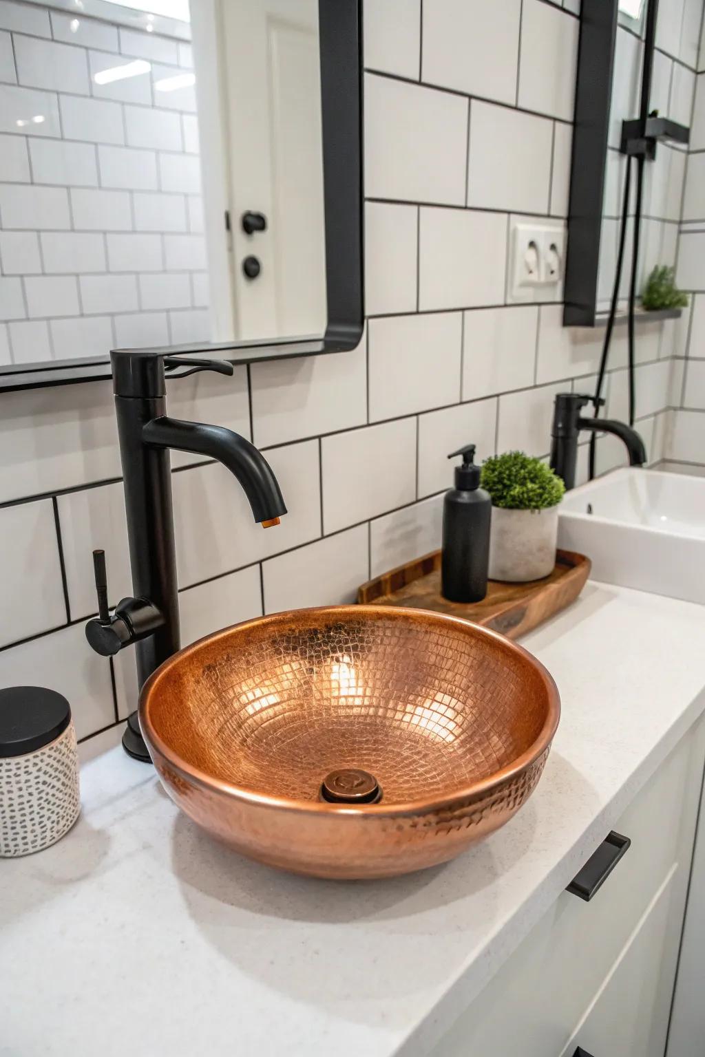Dark fixtures complement the warmth of the bronze basin, creating a contemporary bathroom aesthetic.