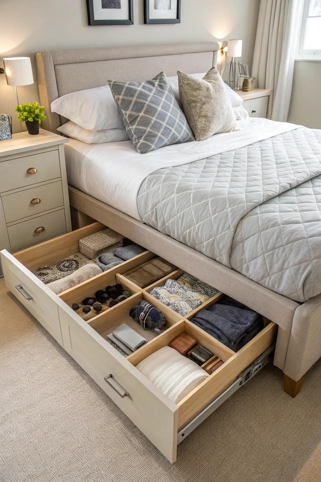 Under-bed storage helps keep your space clean and structured.
