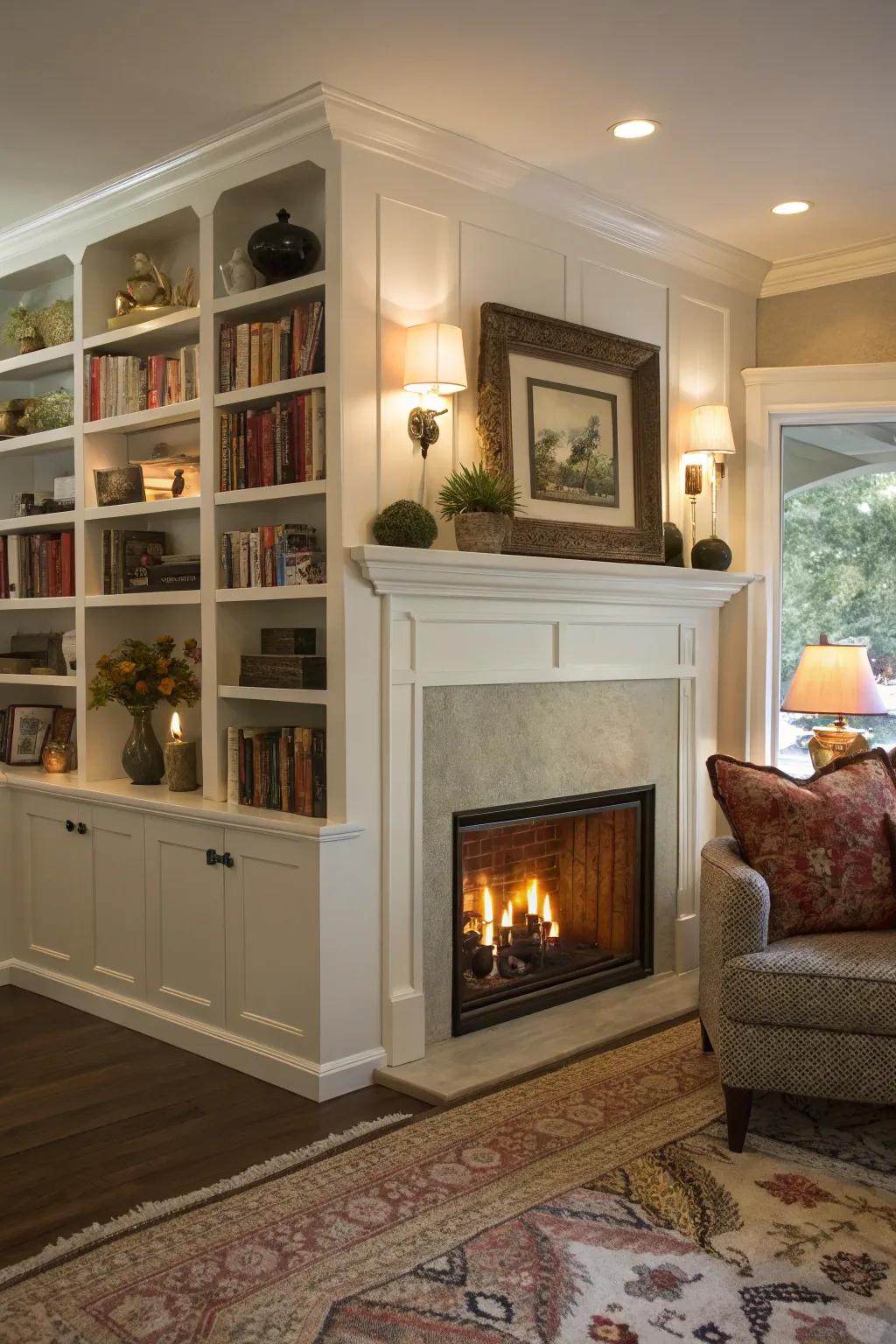 Integrated shelving around a corner fireplace for added function and style.