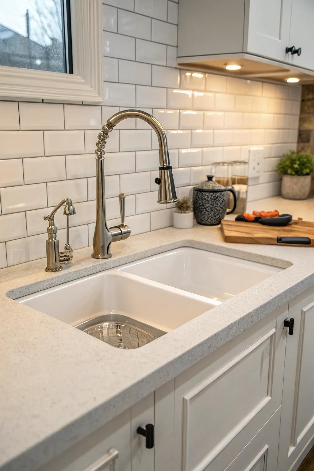 Modern fixtures adding style and elegance to a corner kitchen sink.