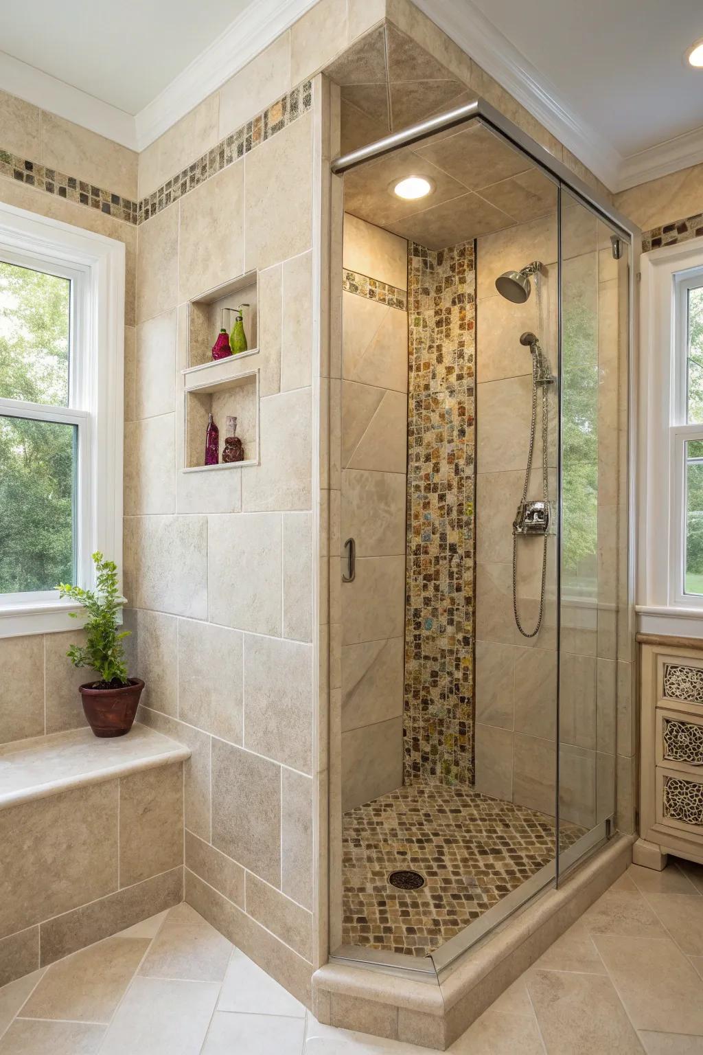 Ornamental detail tiles impart an artistic sensibility to your shower area.