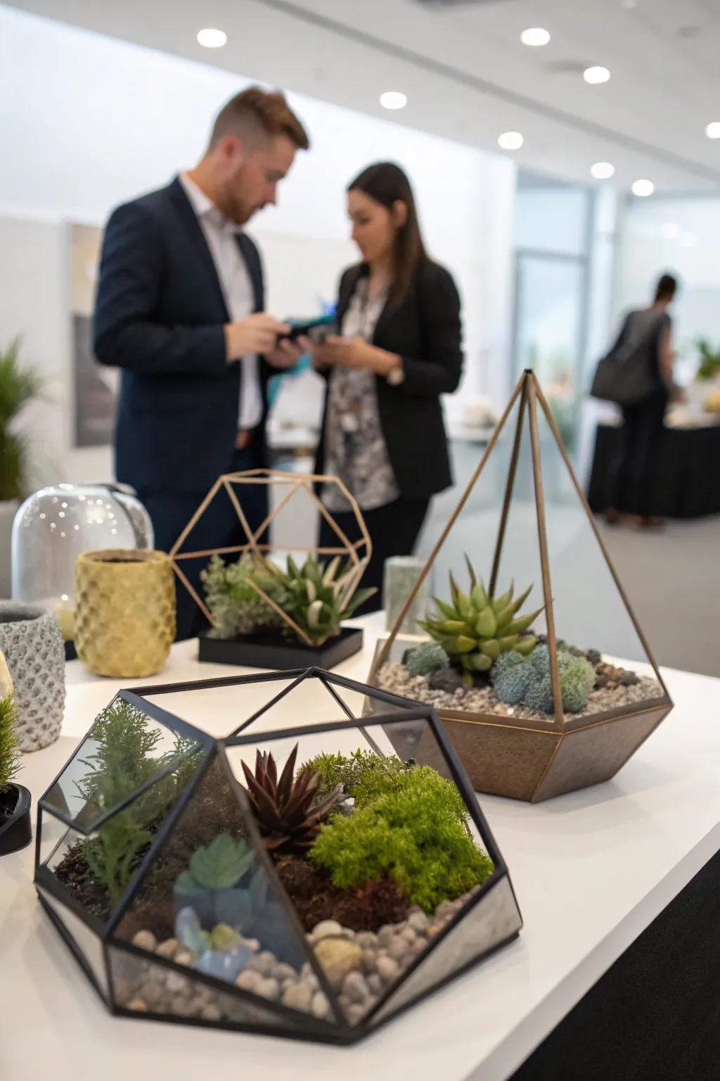 Modern geometric centerpieces displayed on a corporate setting.