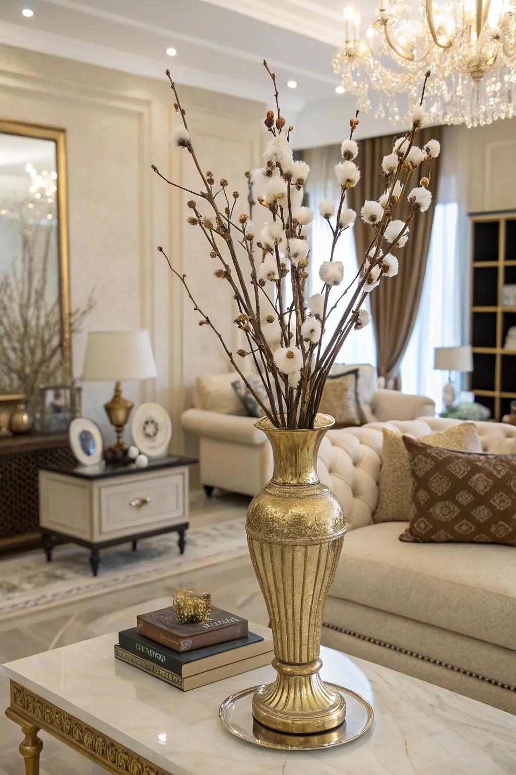 Sophistication highlighted using a gilded container and cotton stems.