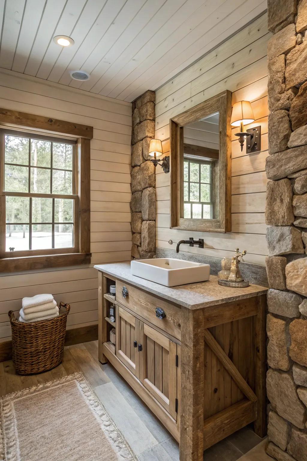 Textured materials give charm and character to this rustic bathroom.