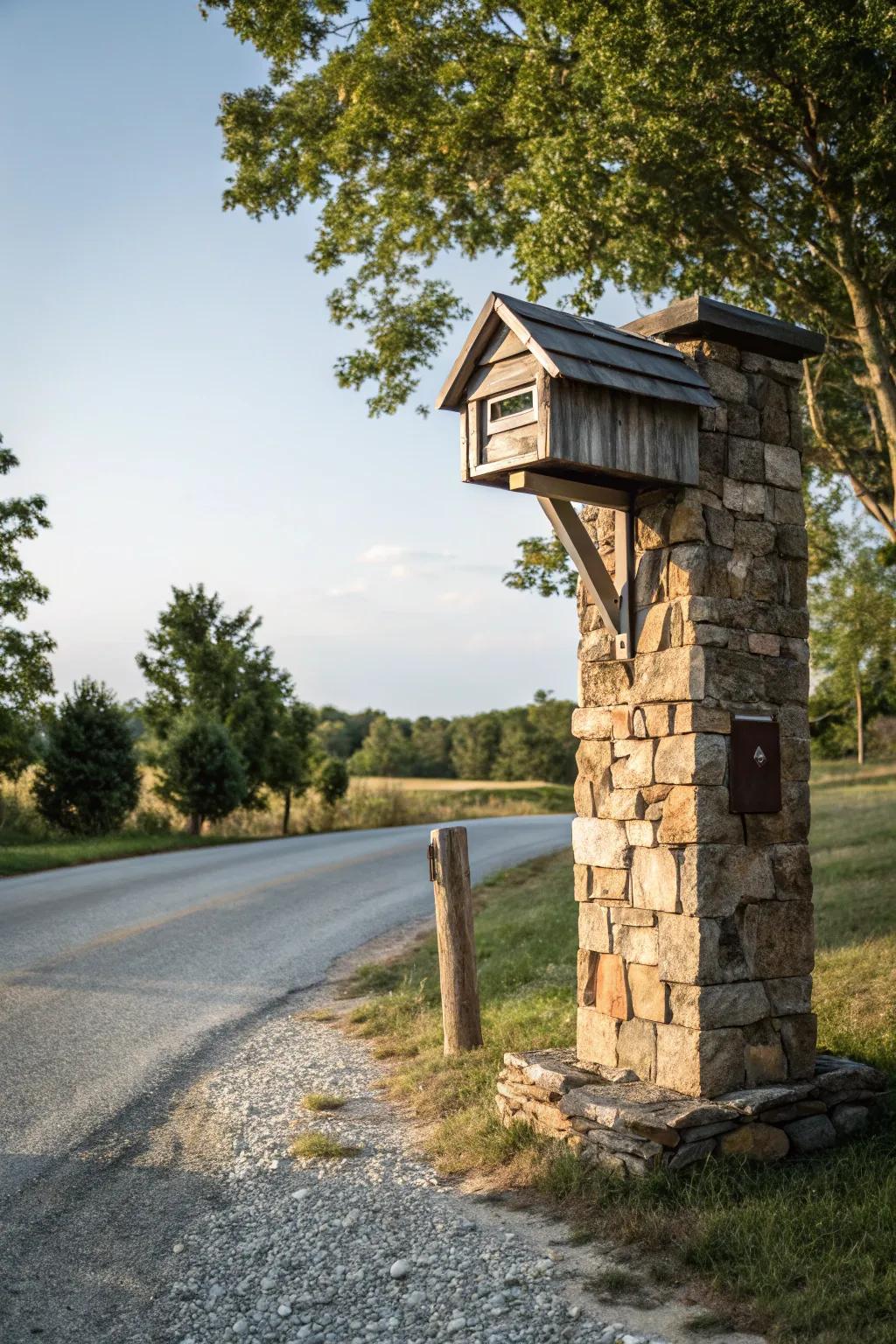 Stone and lumber offer a timeless and resilient mailbox design.