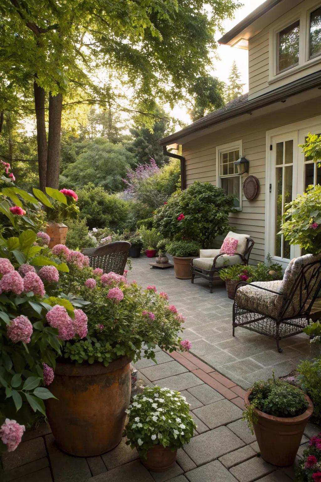 Thick greenery and flowers enhance the natural charm of the patio.