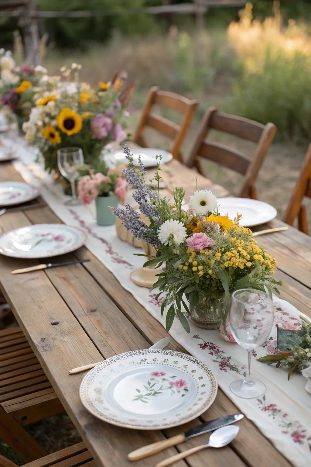 Distinctive and welcoming table arrangements for a country wedding.
