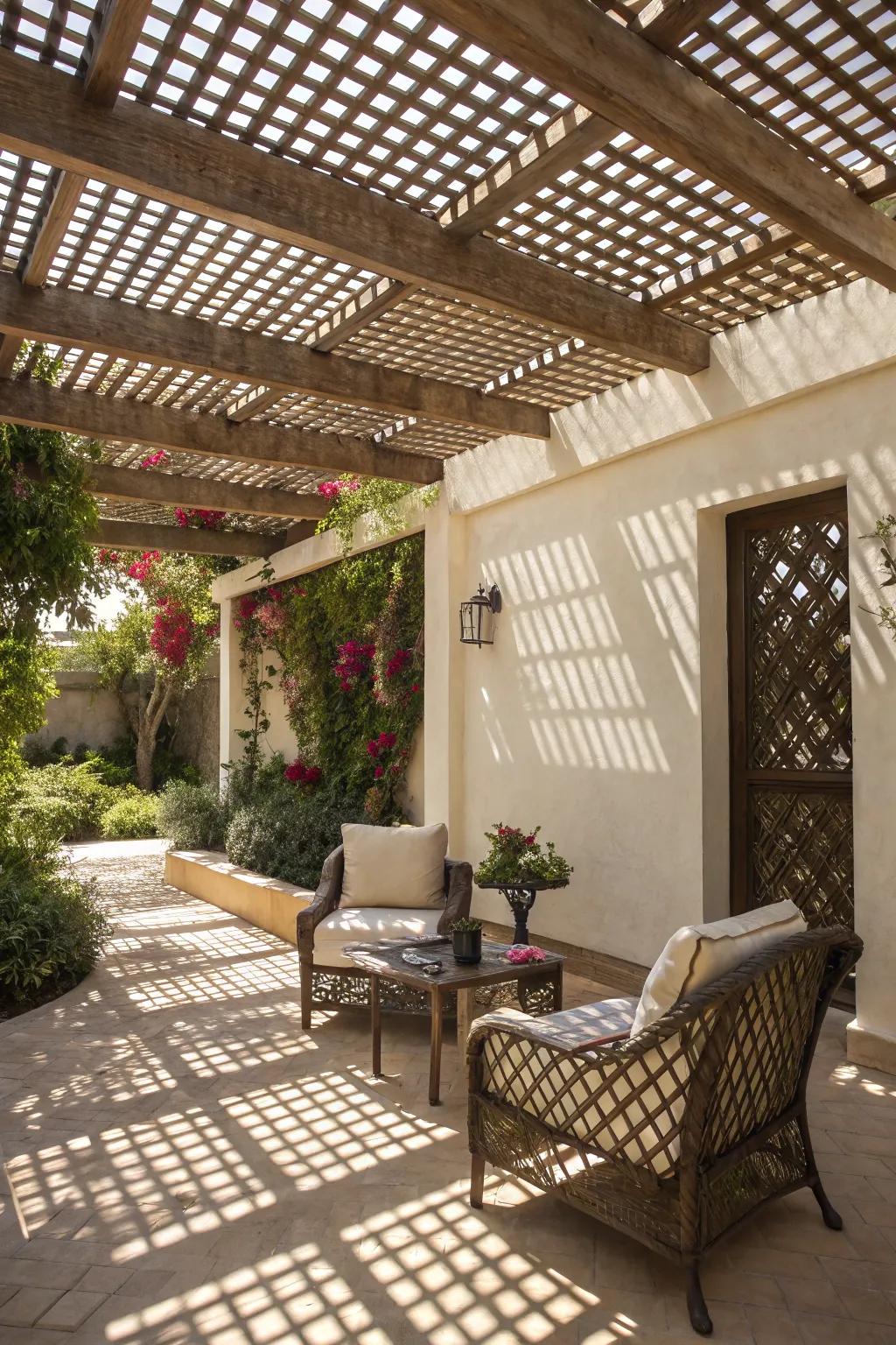 A lattice roof offers dappled shade and a charming ambiance.