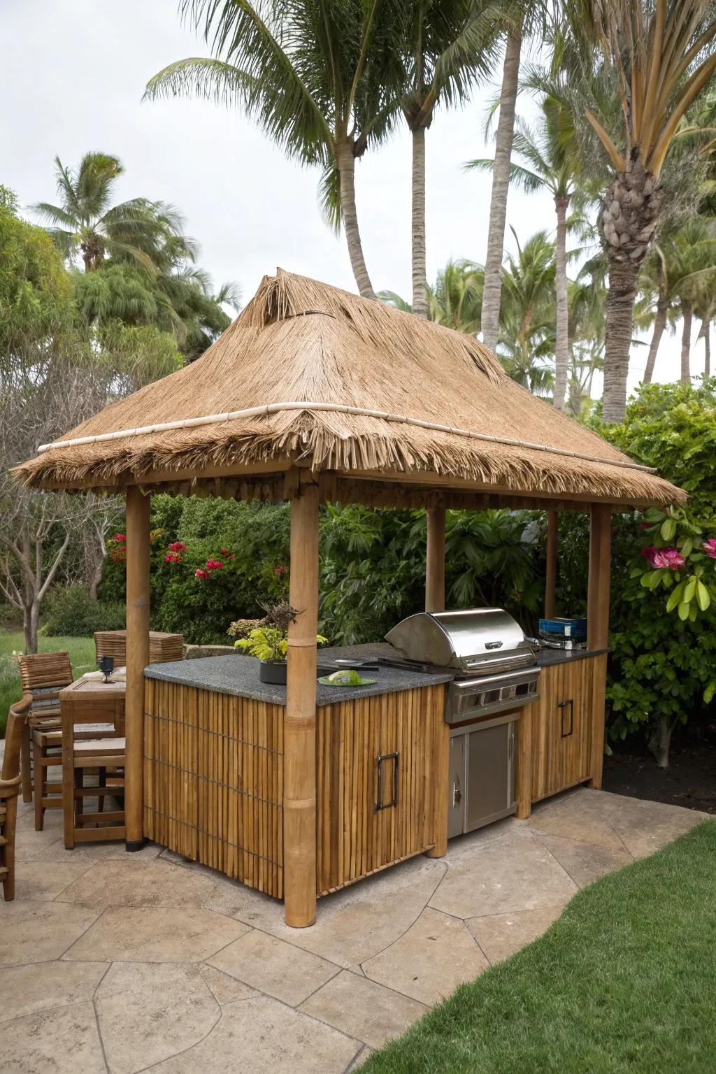 A tropical tiki shelter turning a grilling space into a vacation retreat.