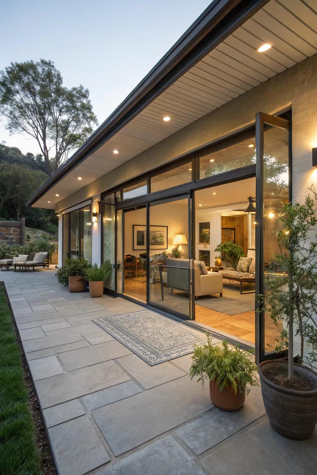 Sliding glass doors merge indoor and outdoor living environments.