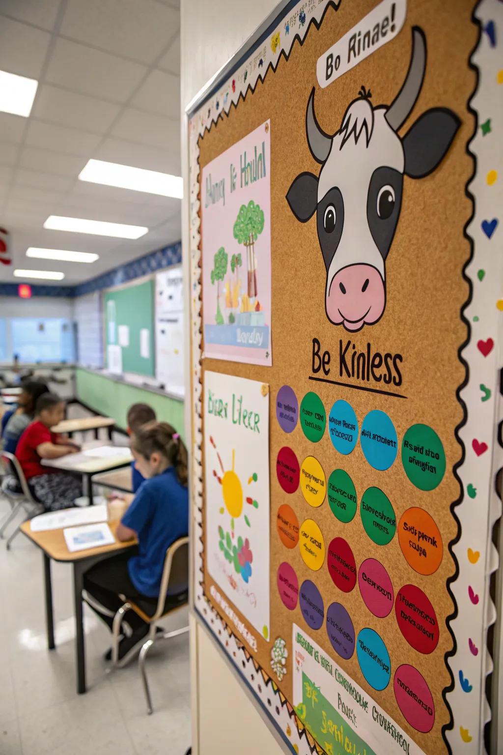 A 'Kindness Bovines' board encouraging positive behavior