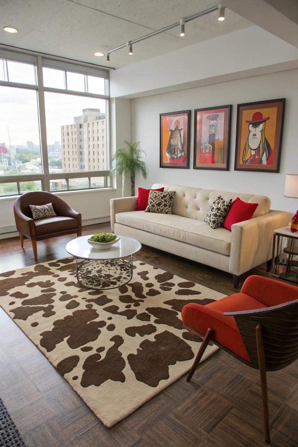 A farm animal pattern rug adds texture and style to any room.
