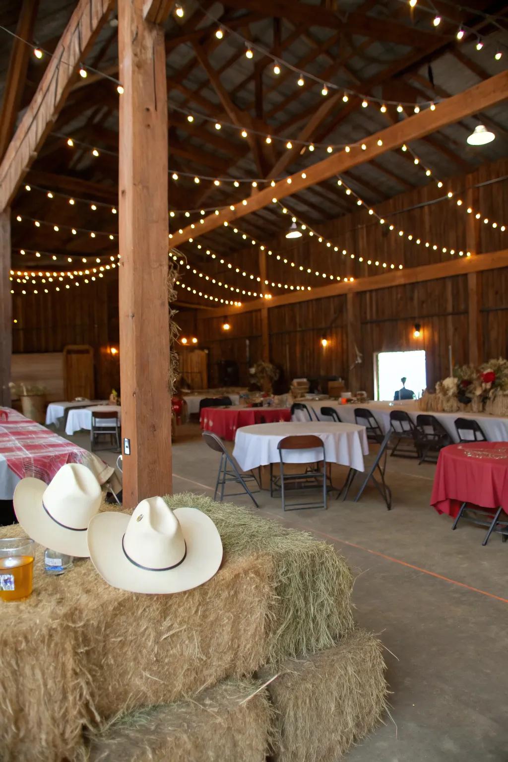 A barn offers the quintessential countryside setting for a cowgirl-themed social event.