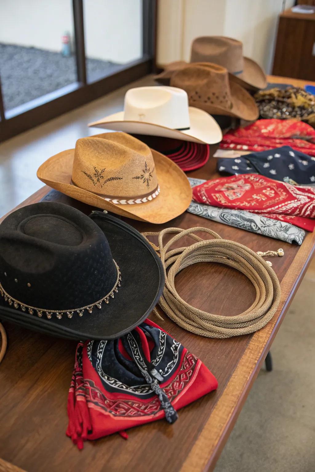Accessories like hats and bandanas apply a fun-filled element to any cowgirl festivity.