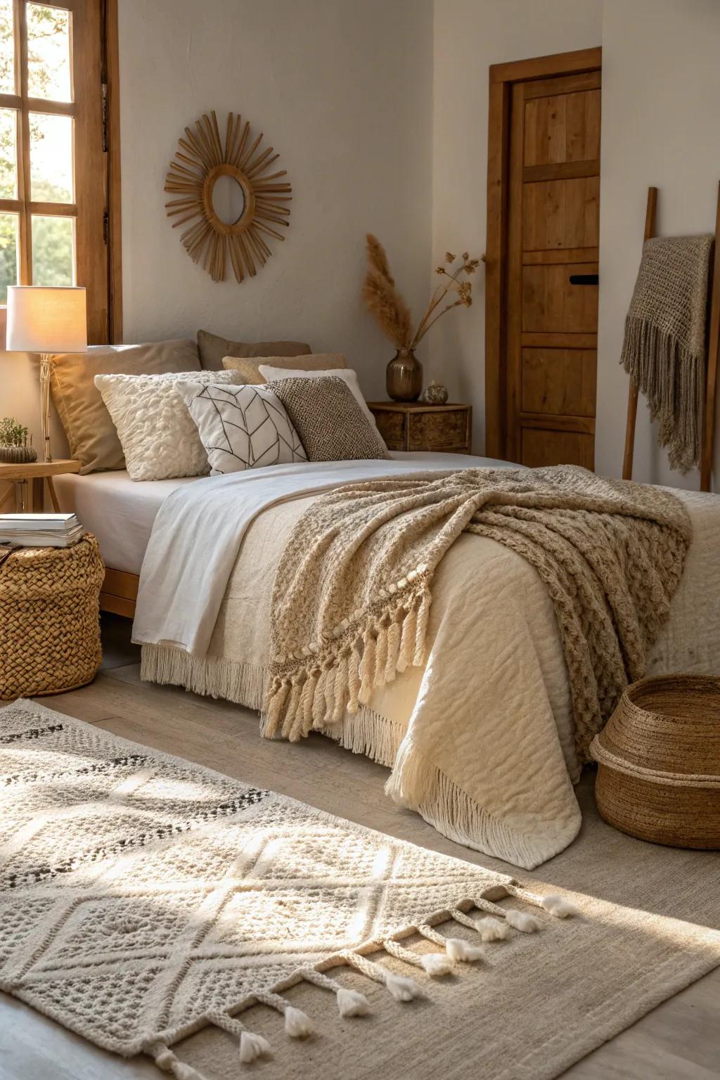 A cozy bedroom featuring layered neutral textures and welcoming textiles.