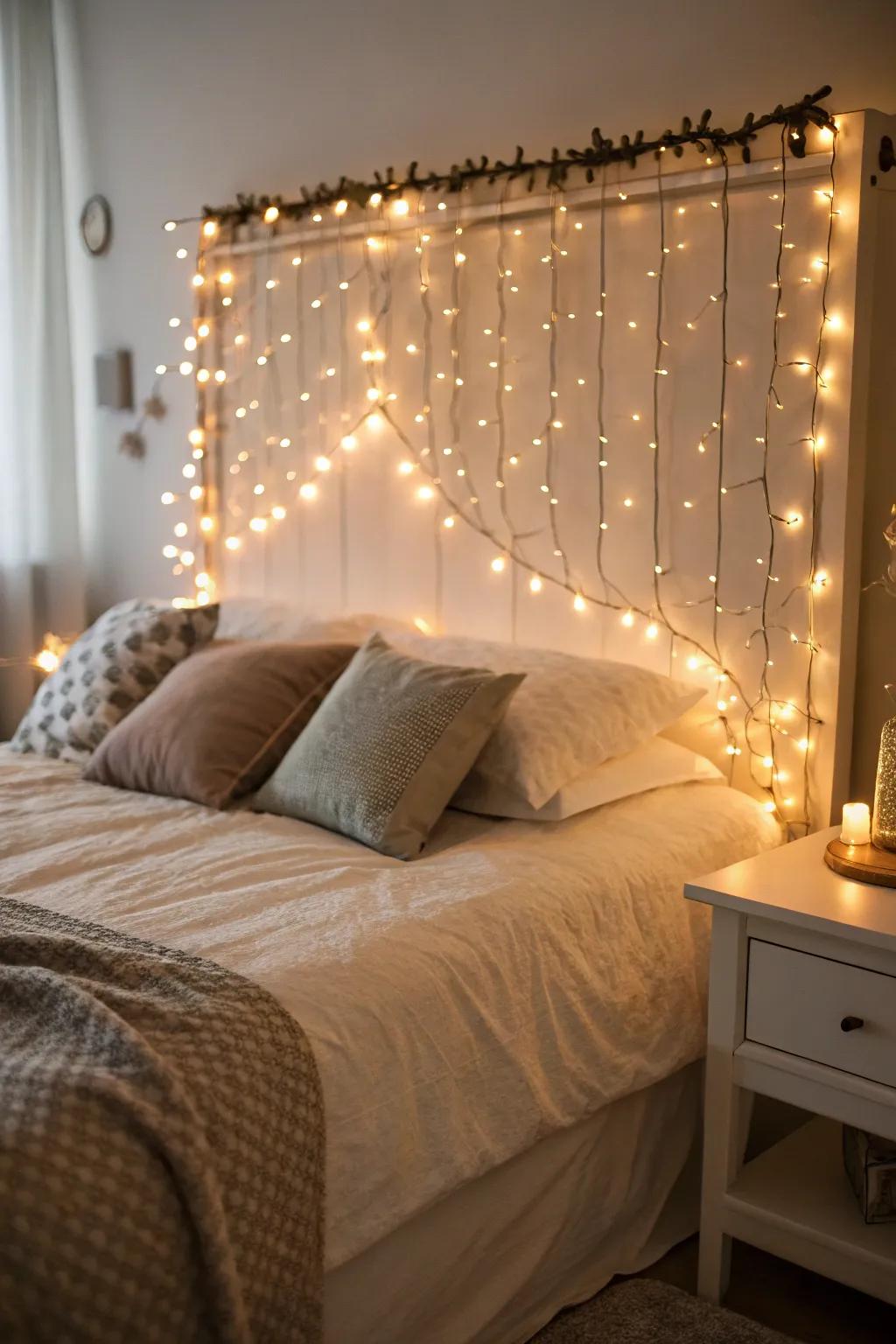 Twinkle lights wrapped all around a bed headboard.