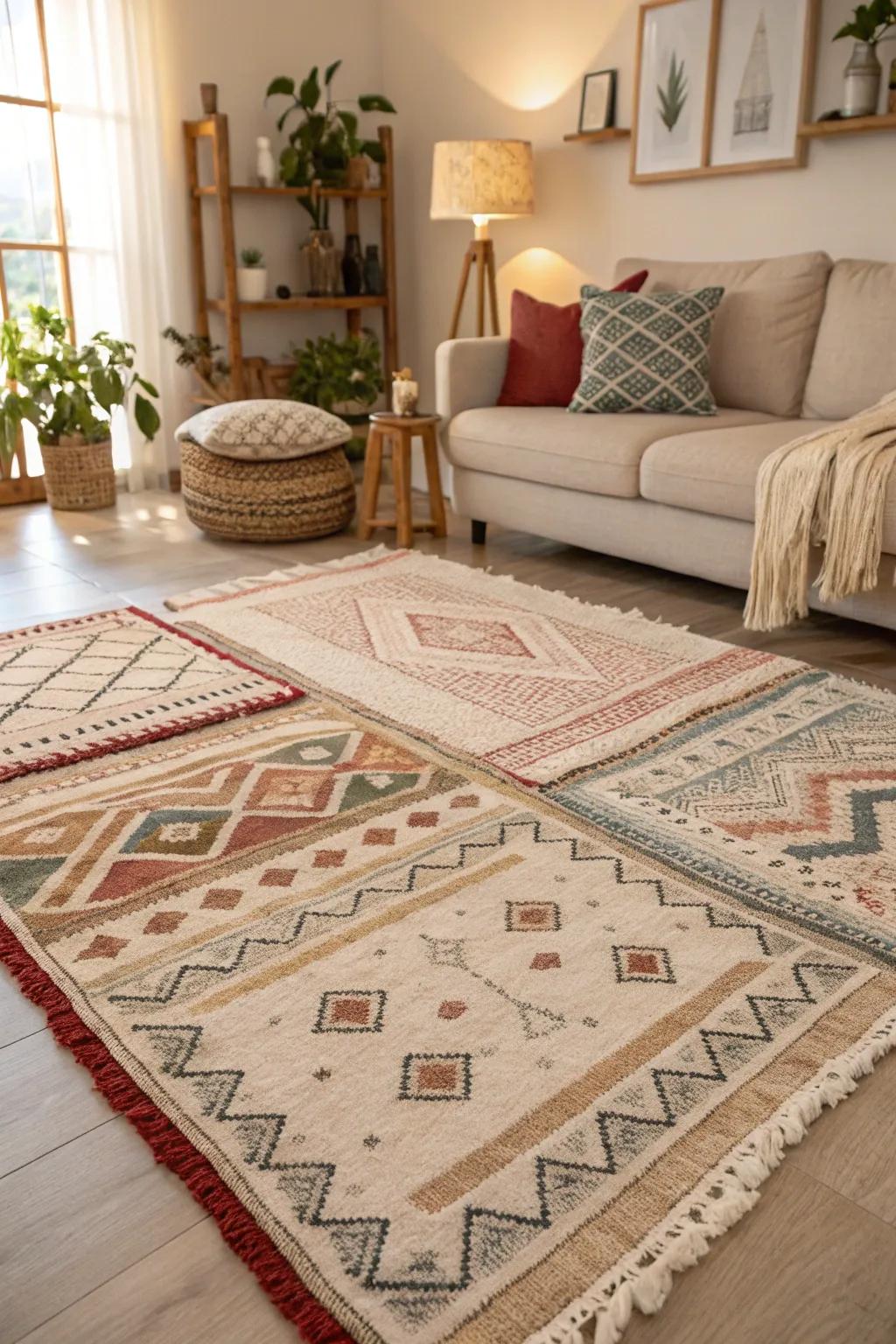 Layered rugs add texture and warmth to your floors.