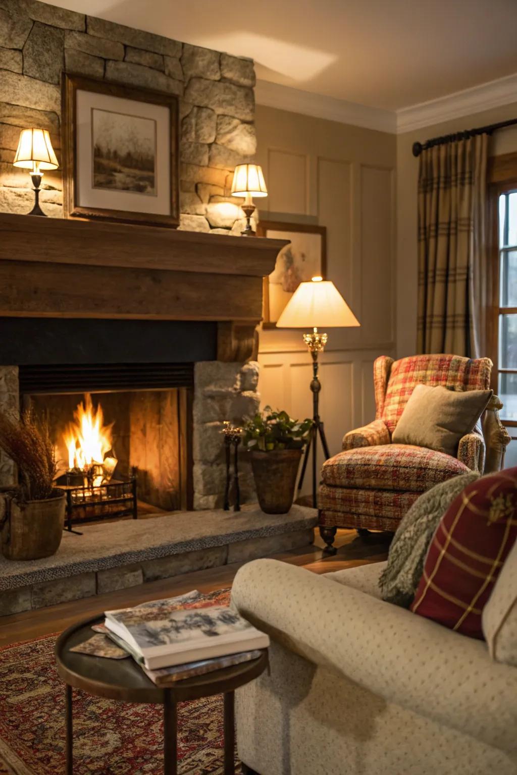 A fireplace provides natural light for a welcoming atmosphere.