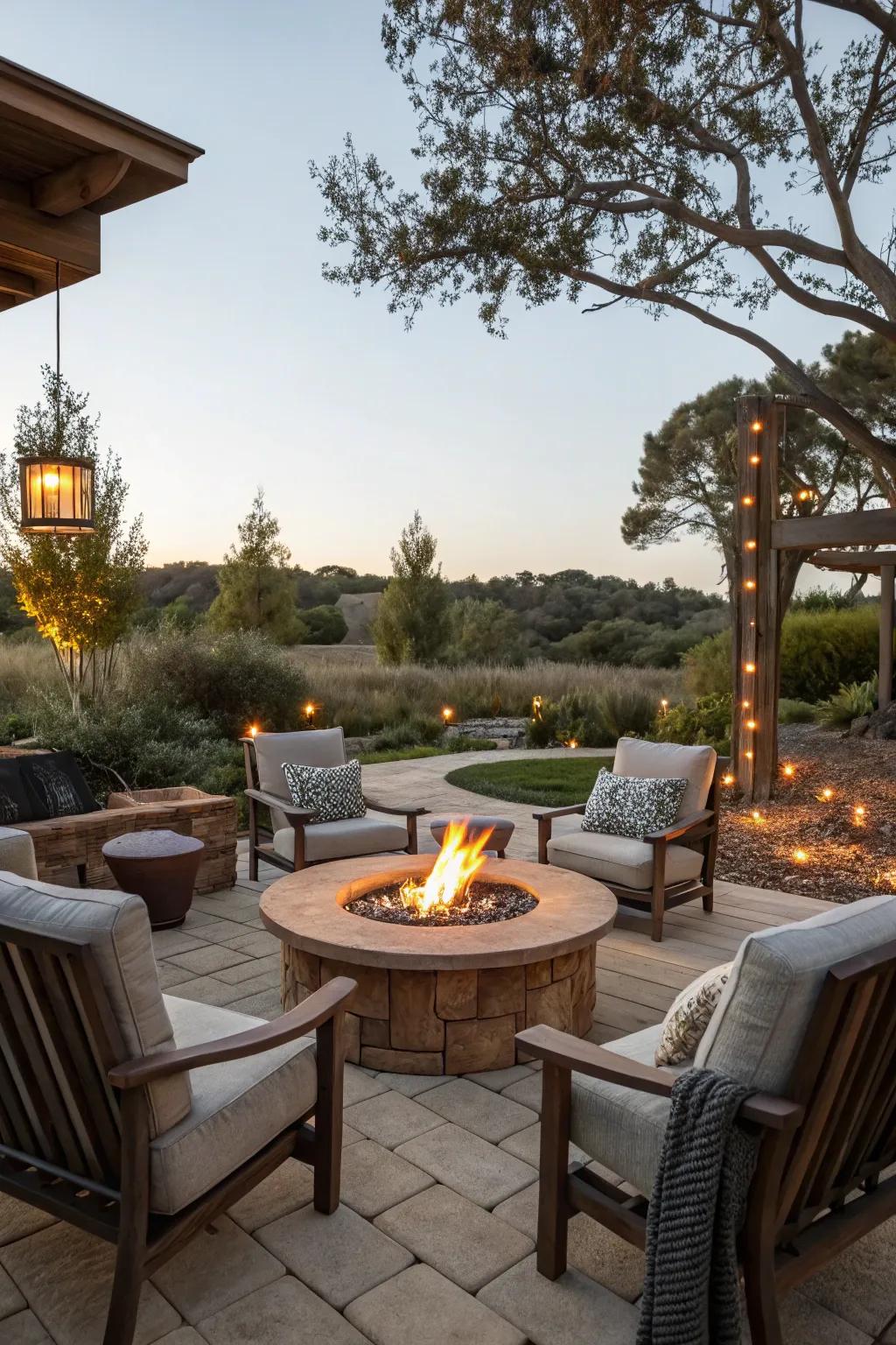 A fire pit is a focal point for cozy gatherings.