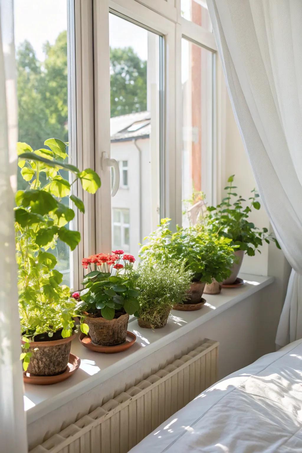 Windowsills provide the perfect space for a mini garden filled with sun-loving plants.