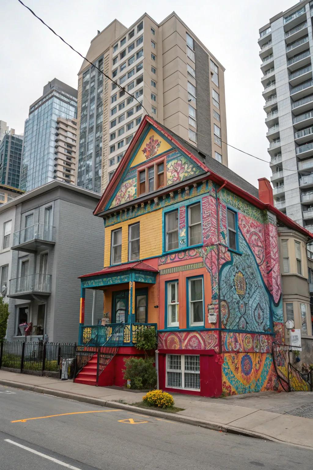 A house that embraces bold colors and patterns, standing out in an urban landscape.