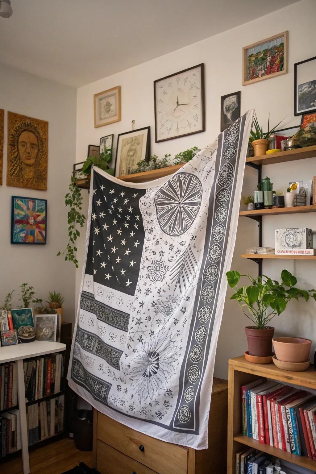 A complex pattern flag serves as an artistic centerpiece in your space.