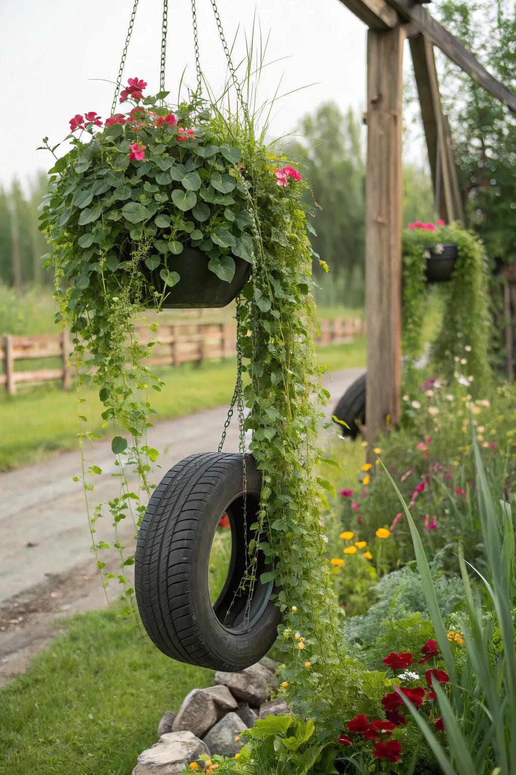 Delightful suspended tire flower pots enhancing the garden's allure.