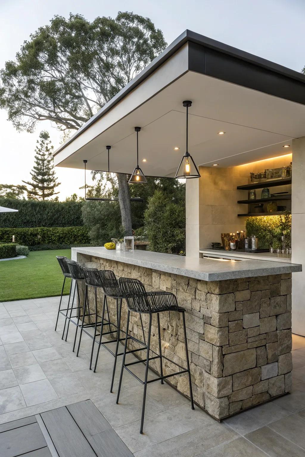 A modern outdoor bar utilizing a blend of materials.